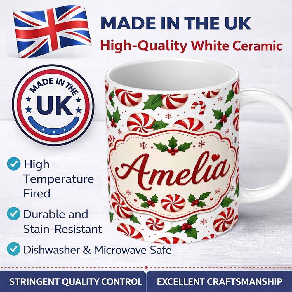 Personalized Custom Name Red White Peppermint Candy Swirl Holly Seamless Pattern Lovely 11oz Ceramic Coffee Tea Mug White Large Handle