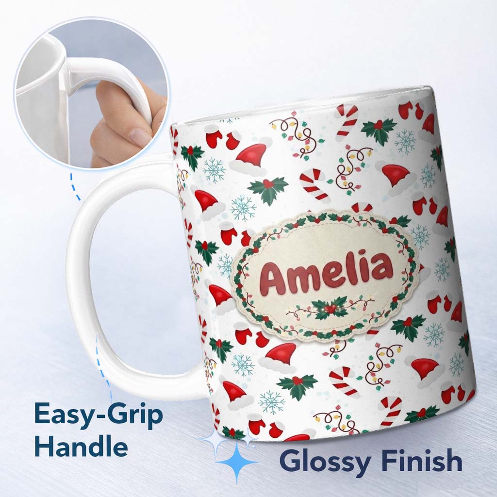 Personalized Custom Name Christmas Hat Mittens Candy Cane Holly Snowflake Seamless Pattern 11oz Ceramic Coffee Tea Mug White Large Handle