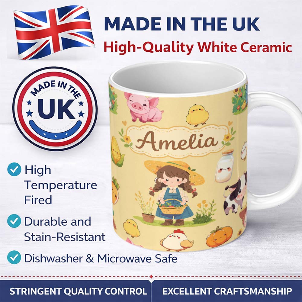 Personalized Custom Name Cute Farm Girl Pig Cow Chicken Corn Milk Yellow Background Seamless 11oz Ceramic Coffee Tea Mug White Large Handle