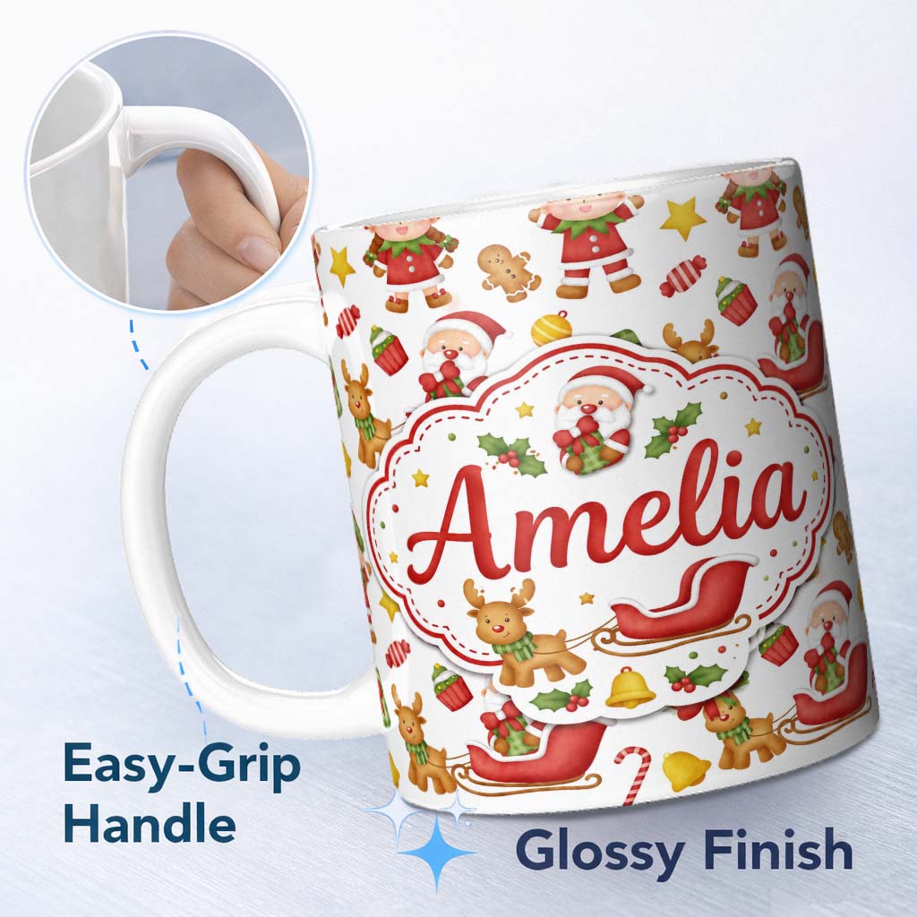 Personalized Custom Name Cute Santa Reindeer Elf Characters Seamless Pattern Cute Unique Gift 11oz Ceramic Coffee Tea Mug White Large Handle