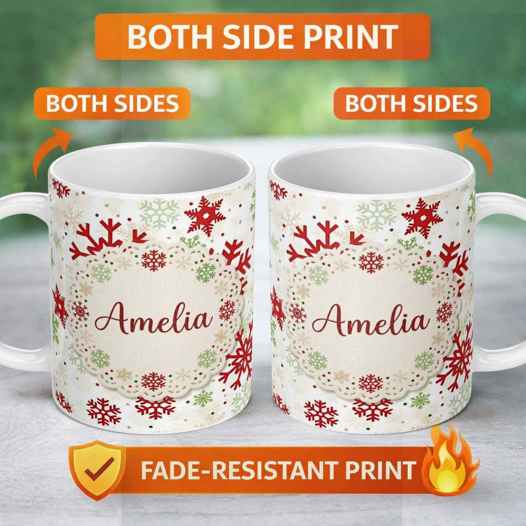 Personalized Custom Name Classic Red Green Snowflake Holiday Seamless Pattern Lovely 11oz Ceramic Coffee Tea Mug White Large Handle