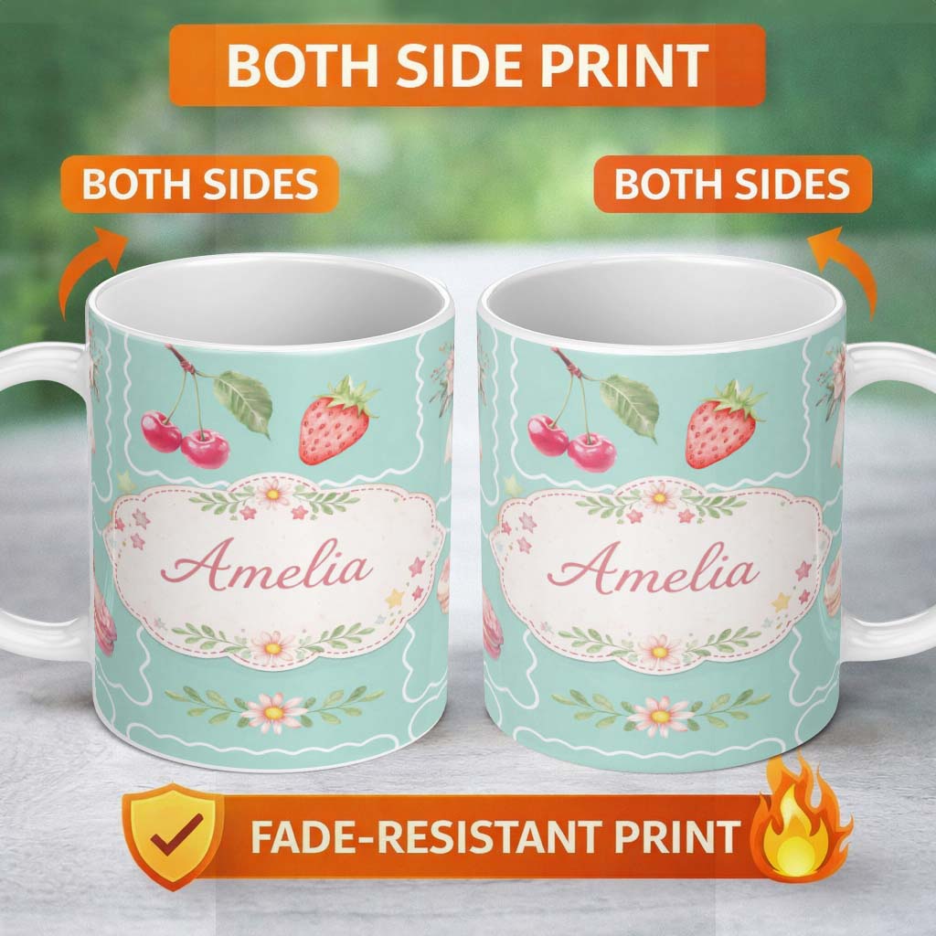 Personalized Custom Name Strawberry Cherry Bow Seamless Pattern Teal Frame Cute Coquette 11oz Ceramic Coffee Tea Mug White Large Handle