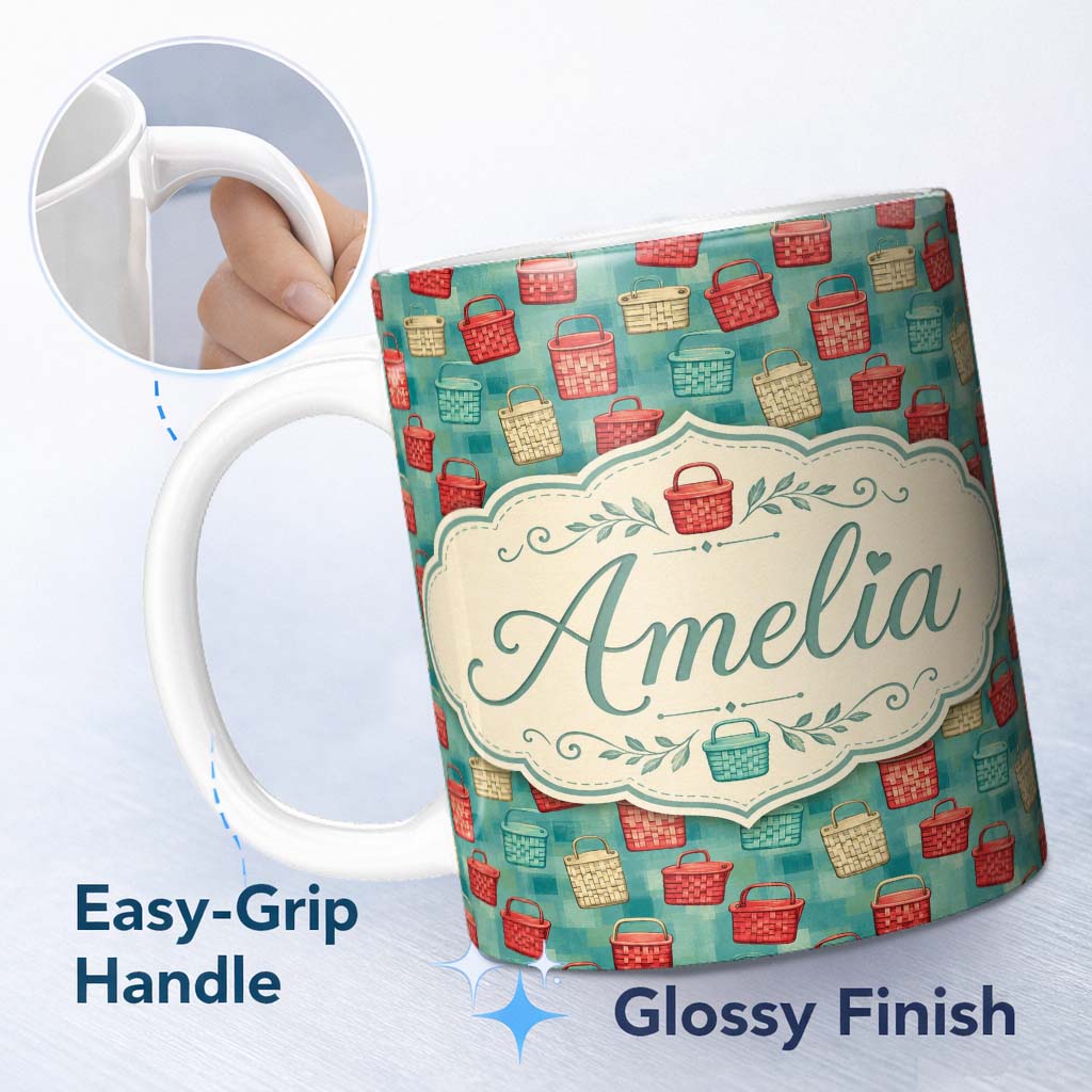Personalized Custom Name Colorful Woven Basket Collection Style Seamless Pattern Lovely 11oz Ceramic Coffee Tea Mug White Large Handle