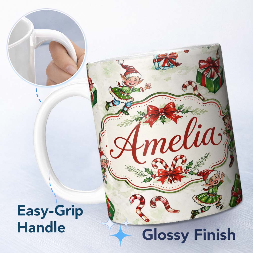 Personalized Custom Name Playful Christmas Elves Gifts Candy Cane Festive Seamless Pattern 11oz Ceramic Coffee Tea Mug White Large Handle