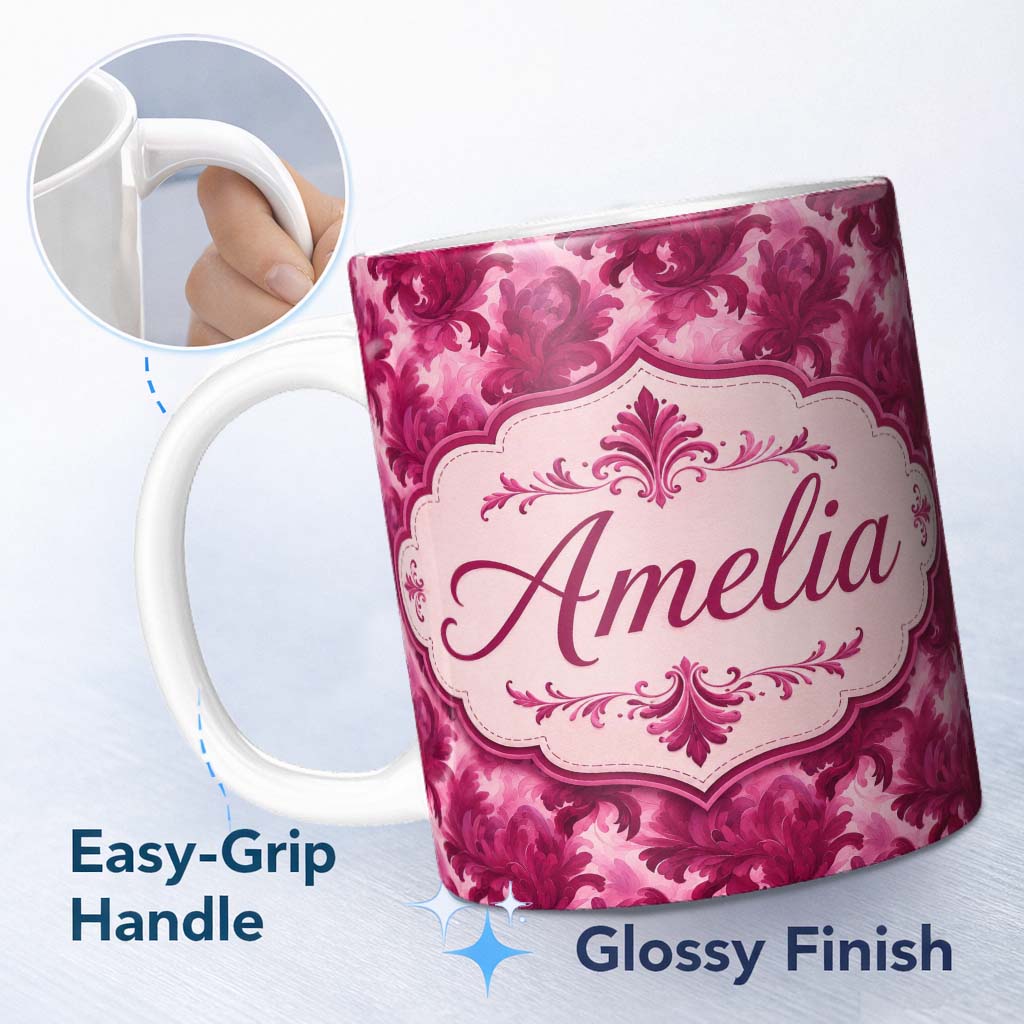 Personalized Custom Name Artistic Pink Floral Brush Stroke Seamless Pattern Cute Unique Gift 11oz Ceramic Coffee Tea Mug White Large Handle