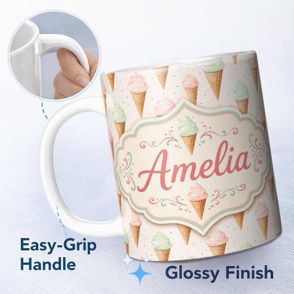 Personalized Custom Name Minimal Pastel Ice Cream Cones on Light Grey with Dotted Texture 11oz Ceramic Coffee Tea Mug White Large Handle