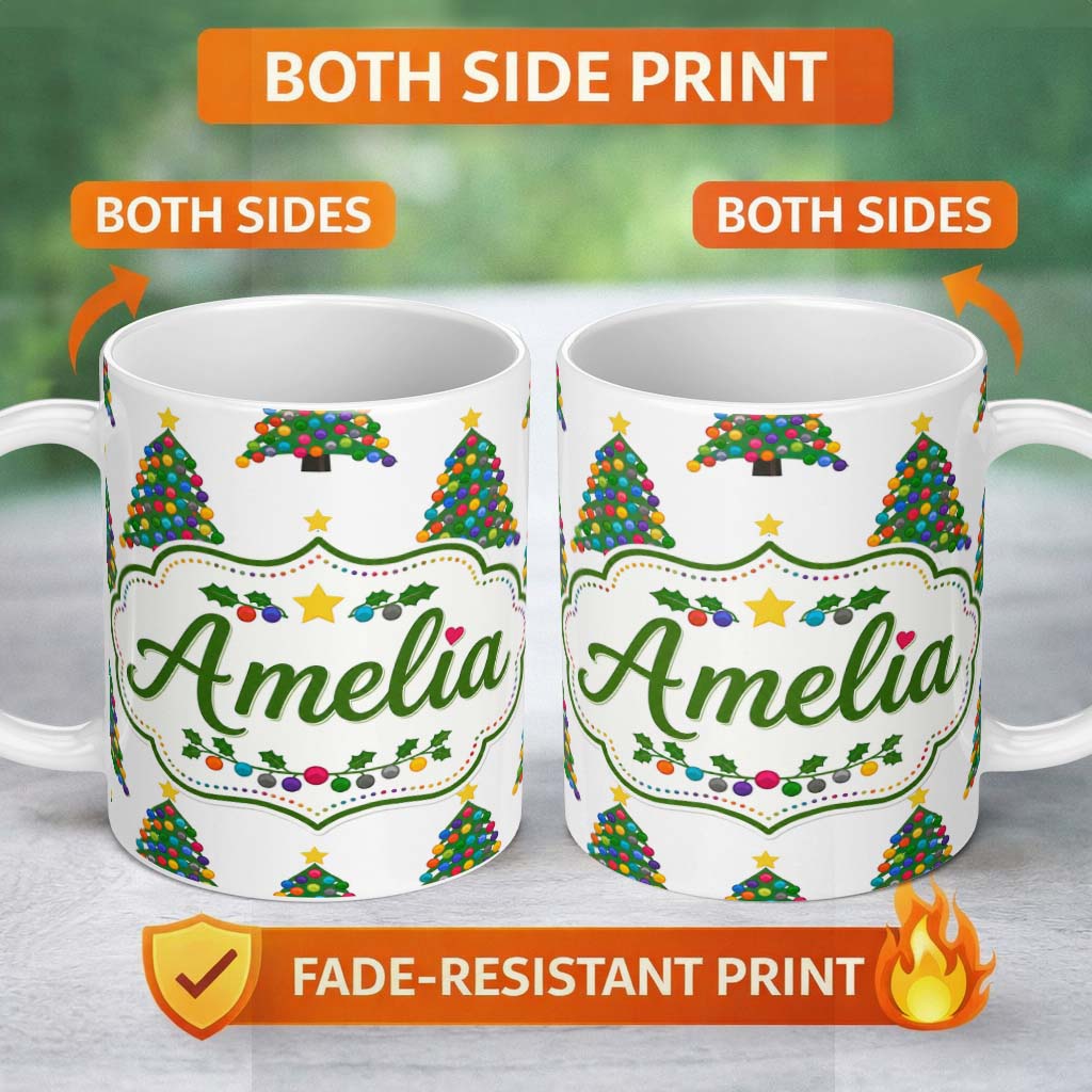 Personalized Custom Name Bright Christmas Trees with Multicolor Ornaments and Stars Seamless 11oz Ceramic Coffee Tea Mug White Large Handle