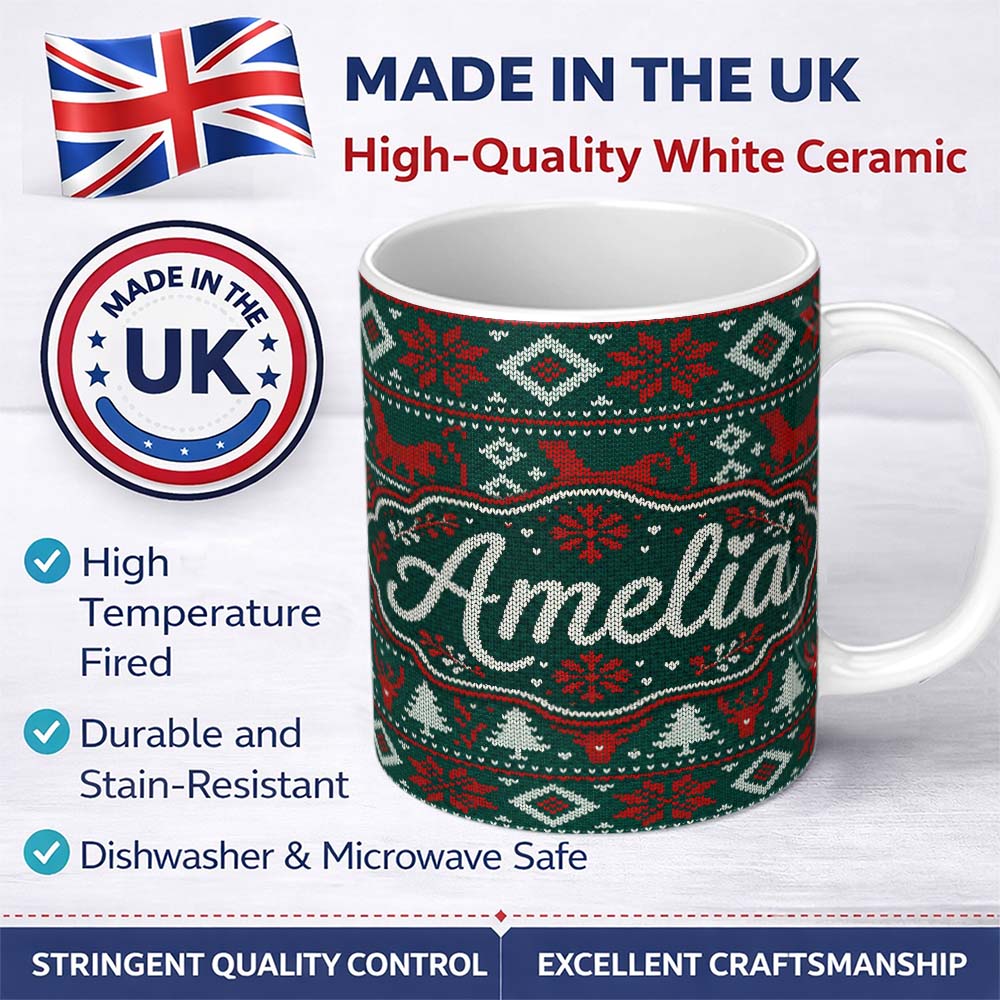 Personalized Custom Name Cute Green Red Nordic Animal Winter Festive Knitted Seamless Pattern 11oz Ceramic Coffee Tea Mug White Large Handle