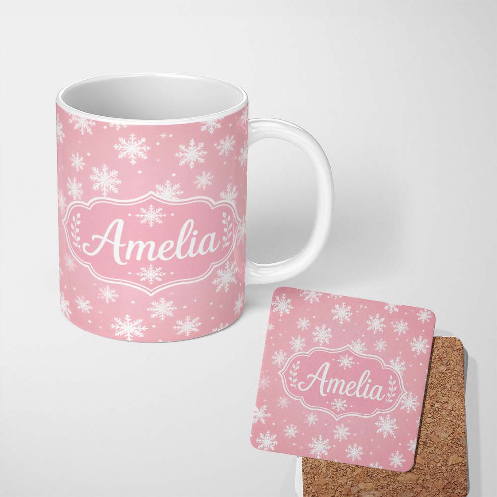 Personalized Custom Name Soft Pastel Pink Snowflakes Winter Seamless Pattern Cute Unique Gift 11oz Ceramic Coffee Tea Mug White Large Handle