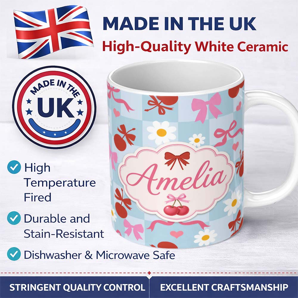 Personalized Custom Name Cute Cherry Bow Daisy Heart Seamless Pattern on Blue Gingham Lovely 11oz Ceramic Coffee Tea Mug White Large Handle
