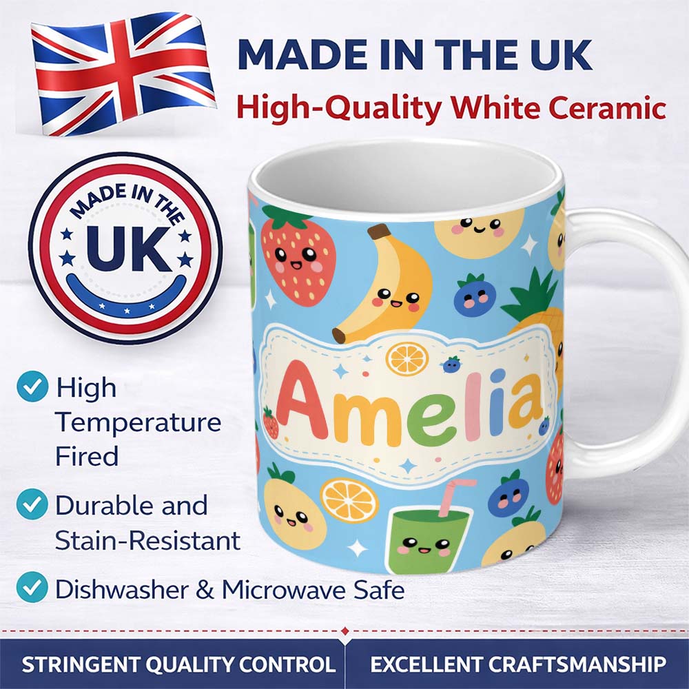 Personalized Custom Name Cute Kawaii Fruits Smoothie Banana Strawberry Pineapple Seamless 11oz Ceramic Coffee Tea Mug White Large Handle