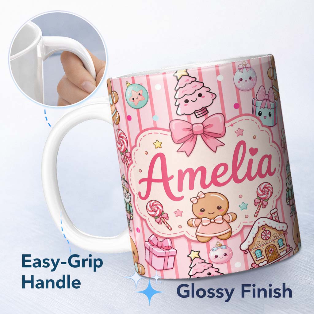 Personalized Custom Name Cute Christmas Gingerbread Candy House Gifts Pattern Pink Stripe 11oz Ceramic Coffee Tea Mug White Large Handle