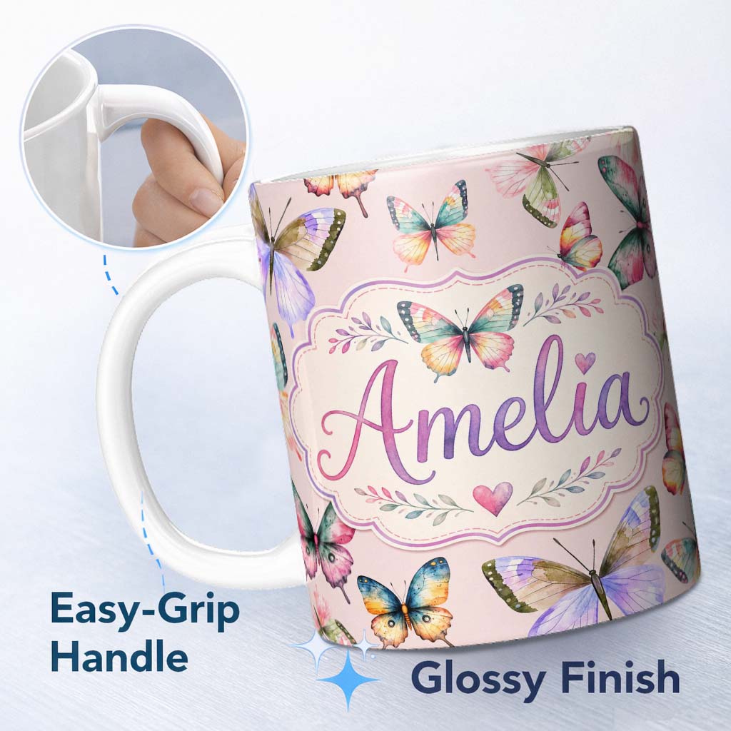 Personalized Custom Name Colorful Watercolor Butterflies on Blush Pink Background Seamless 11oz Ceramic Coffee Tea Mug White Large Handle