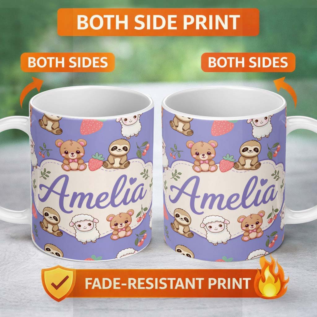 Personalized Custom Name Cute Baby Animals Bear Sheep Sloth Strawberry Cherry Purple Lovely 11oz Ceramic Coffee Tea Mug White Large Handle