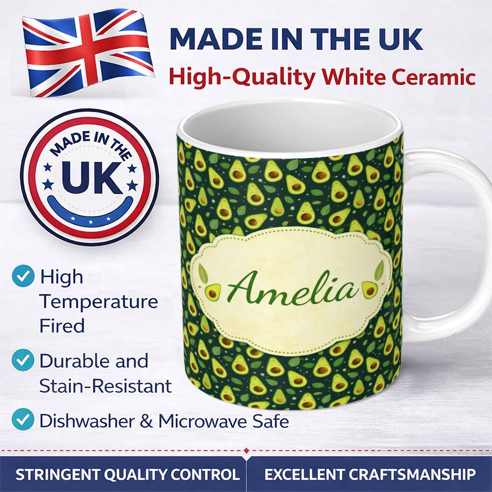 Personalized Custom Name Avocado Leaves Botanical Green Pattern Thoughtful Gift Idea Lovely 11oz Ceramic Coffee Tea Mug White Large Handle