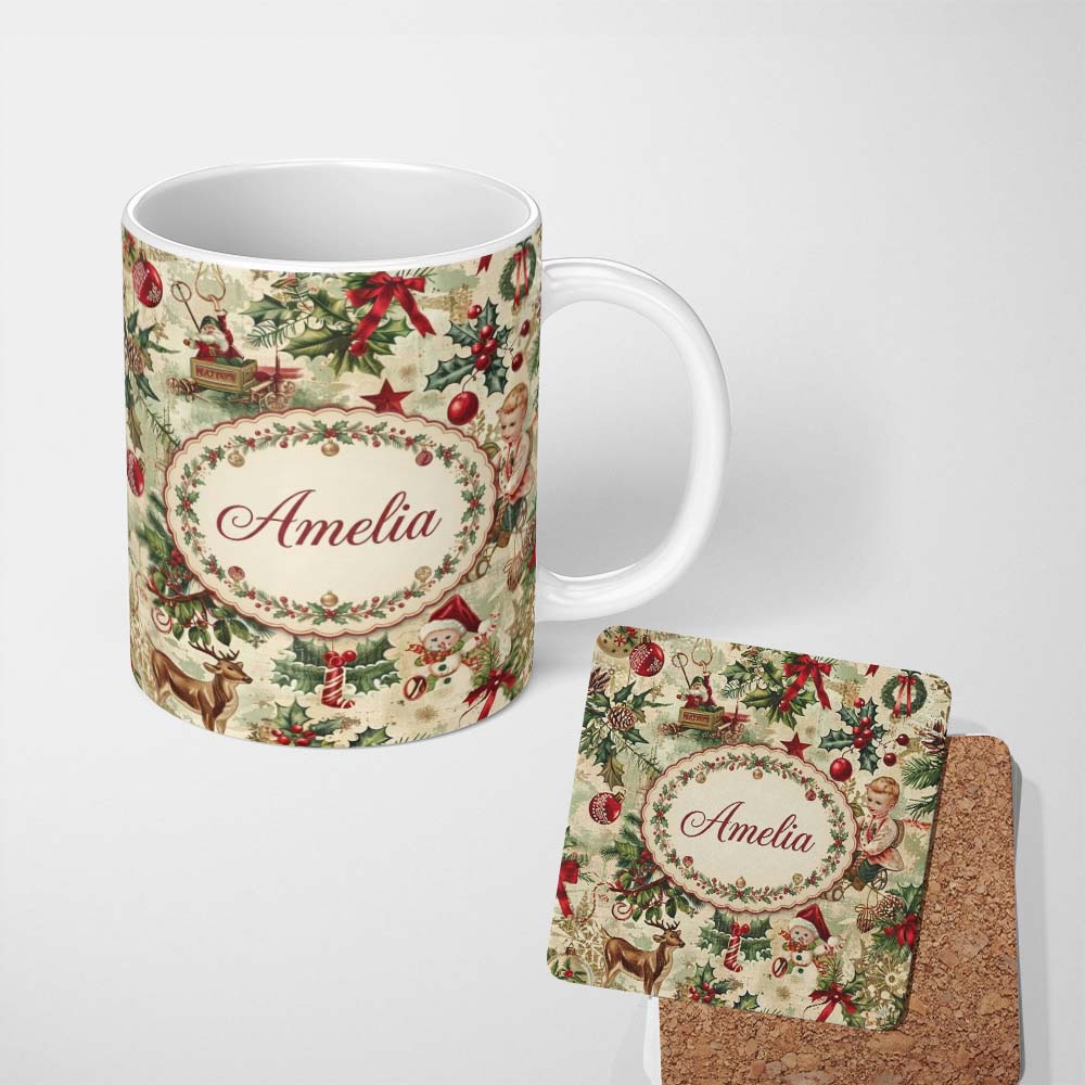 Personalized Custom Name Classic Vintage Christmas Toys Tree Santa Festive Seamless Pattern 11oz Ceramic Coffee Tea Mug White Large Handle