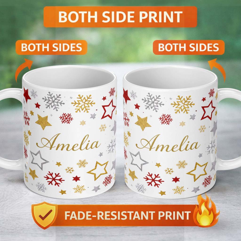 Personalized Custom Name Festive Stars and Snowflakes Pattern White Background Seamless 11oz Ceramic Coffee Tea Mug White Large Handle