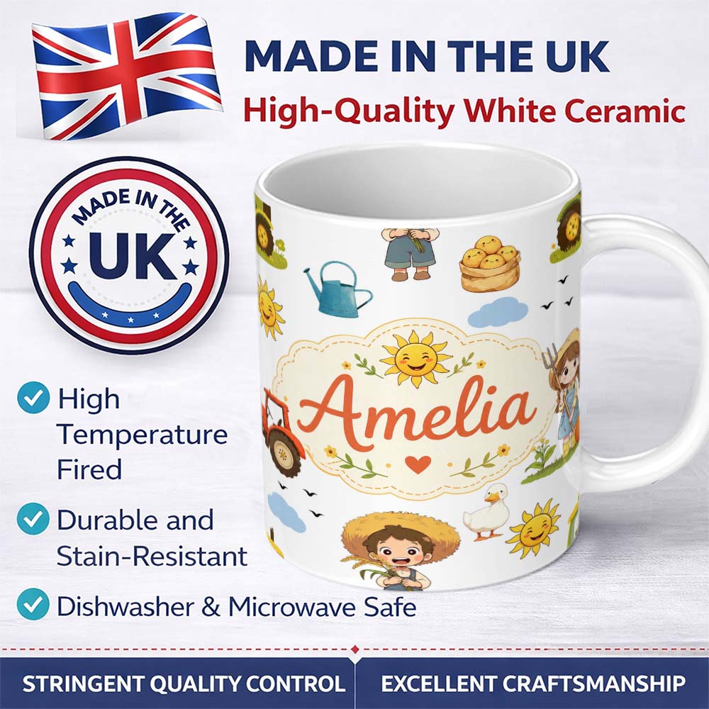 Personalized Custom Name Cute Farm Tractor Duck Girl with Clouds White Background Seamless 11oz Ceramic Coffee Tea Mug White Large Handle