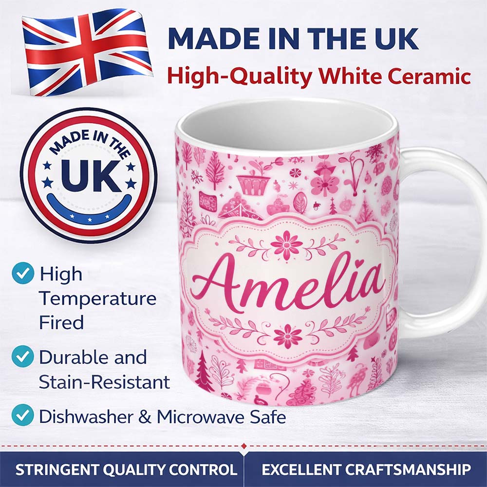 Personalized Custom Name Cute Pink Folk Art Christmas Pattern Seamless Pattern Lovely 11oz Ceramic Coffee Tea Mug White Large Handle