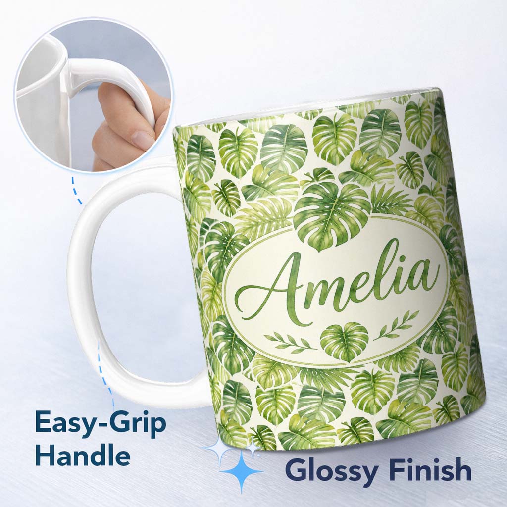 Personalized Custom Name Earthy Green and Yellow Tropical Leaves Botanical Seamless Pattern 11oz Ceramic Coffee Tea Mug White Large Handle