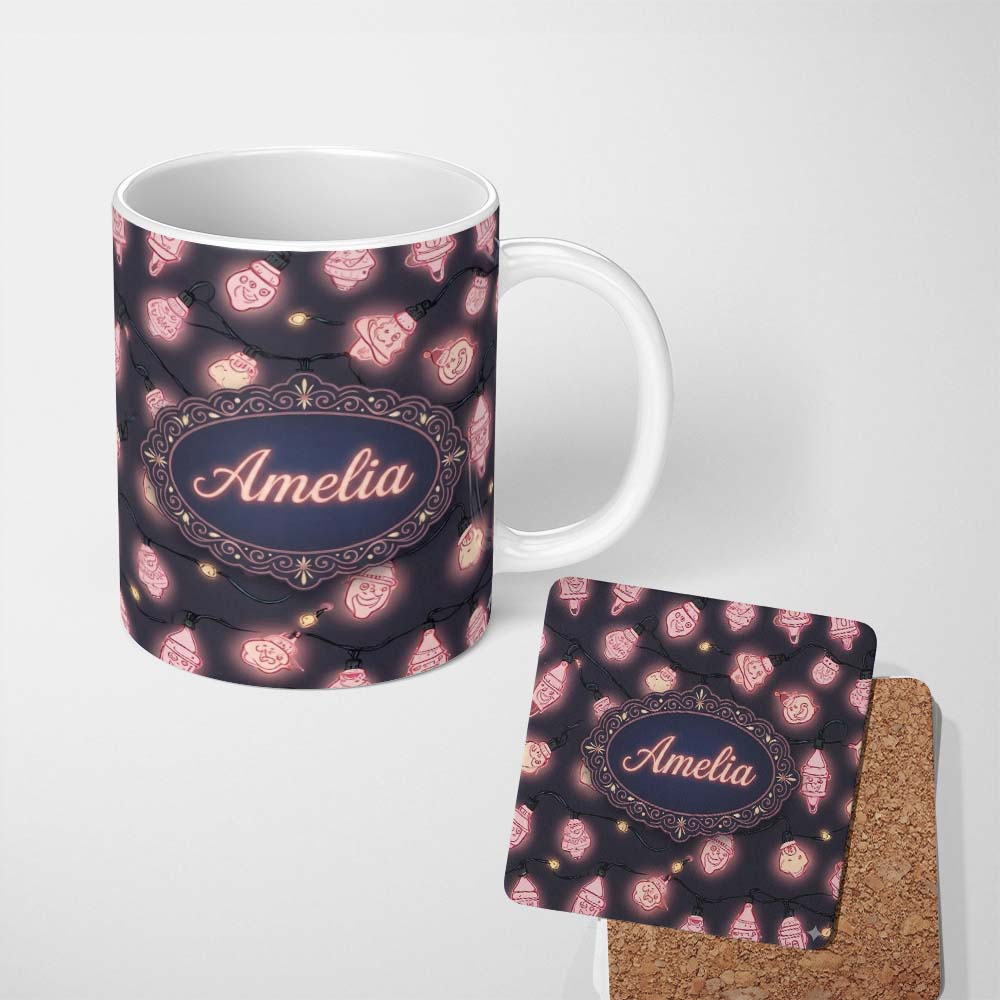 Personalized Custom Name Cute Christmas Light Bulbs Festive Glow Seamless Pattern Lovely 11oz Ceramic Coffee Tea Mug White Large Handle