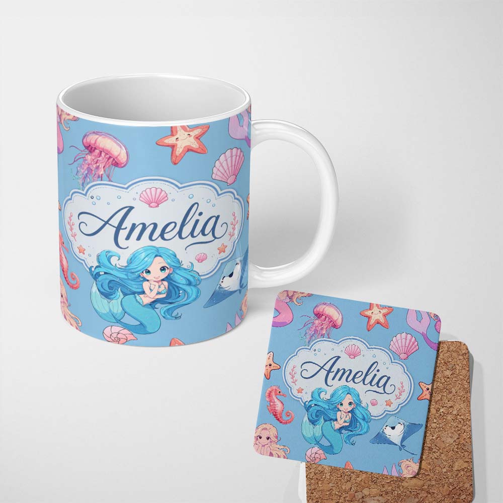 Personalized Custom Name Cute Kawaii Mermaid Ocean Friends Jellyfish Starfish Blue Background 11oz Ceramic Coffee Tea Mug White Large Handle