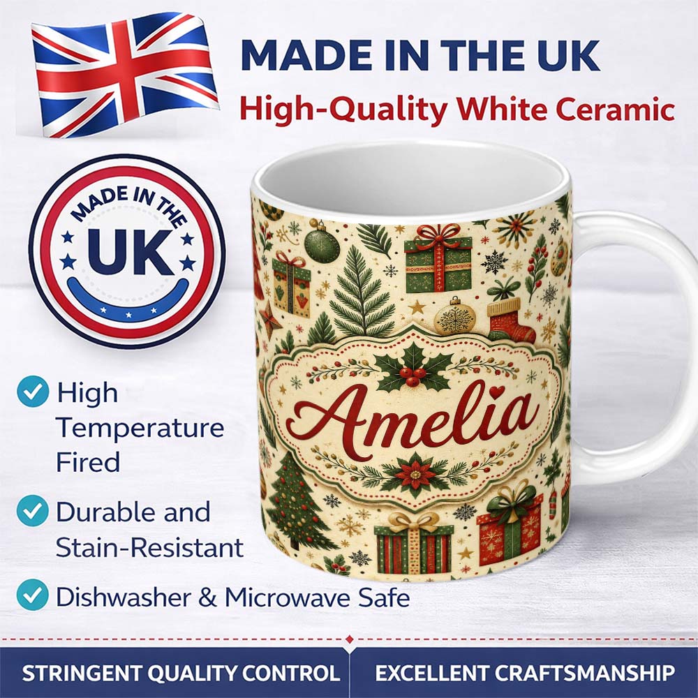 Personalized Custom Name Christmas Tree Gift Stocking Ornament Holiday Seamless Pattern 11oz Ceramic Coffee Tea Mug White Large Handle