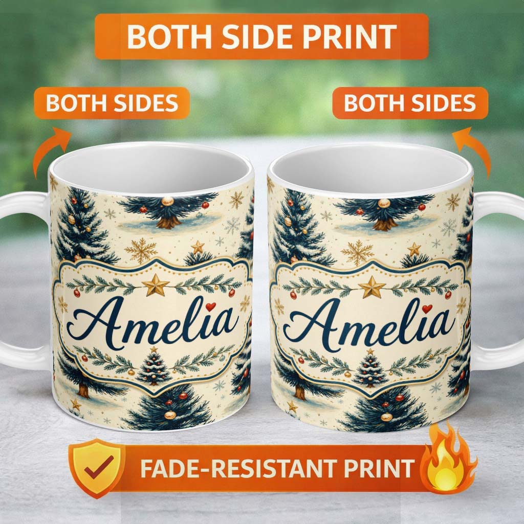 Personalized Custom Name Watercolor Snowy Christmas Trees with Gold Snowflakes Seamless 11oz Ceramic Coffee Tea Mug White Large Handle