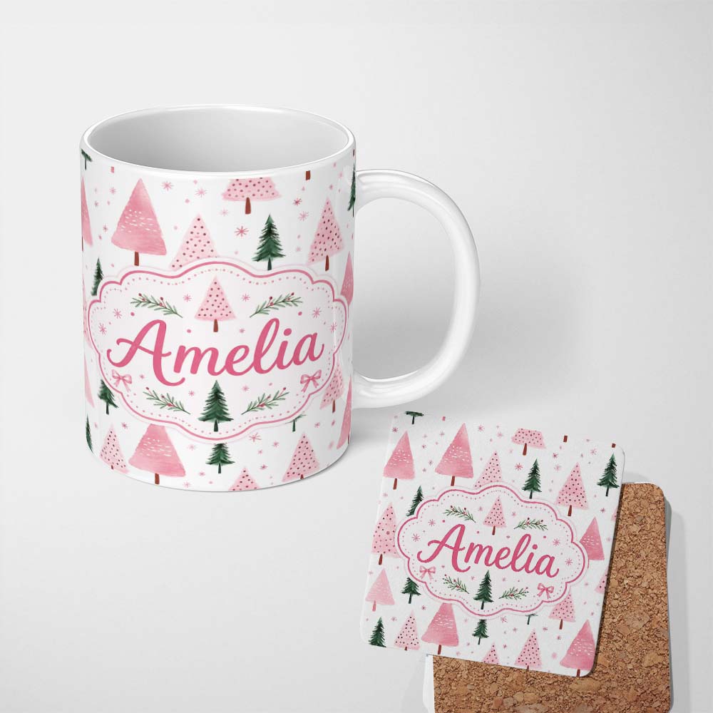 Personalized Custom Name Minimal Pink Green Christmas Tree Snow Seamless Pattern Lovely 11oz Ceramic Coffee Tea Mug White Large Handle
