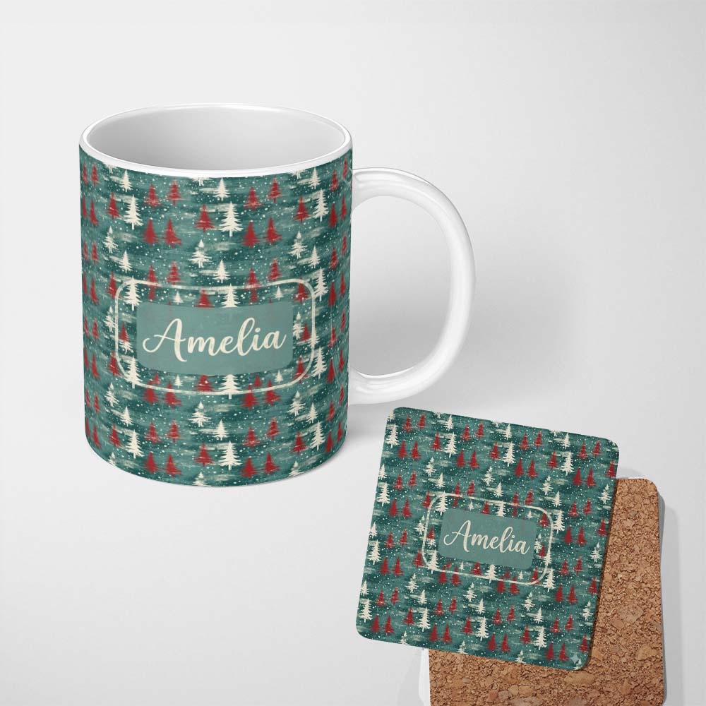 Personalized Custom Name Rustic Painted Christmas Trees Vintage Seamless Pattern Lovely 11oz Ceramic Coffee Tea Mug White Large Handle