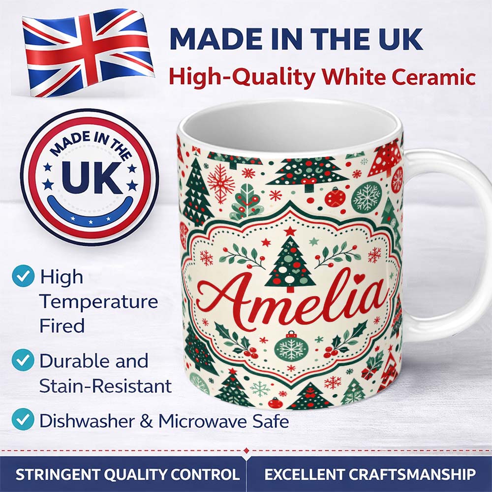 Personalized Custom Name Christmas Trees, Ornaments Folk Art Seamless Pattern Red Green 11oz Ceramic Coffee Tea Mug White Large Handle
