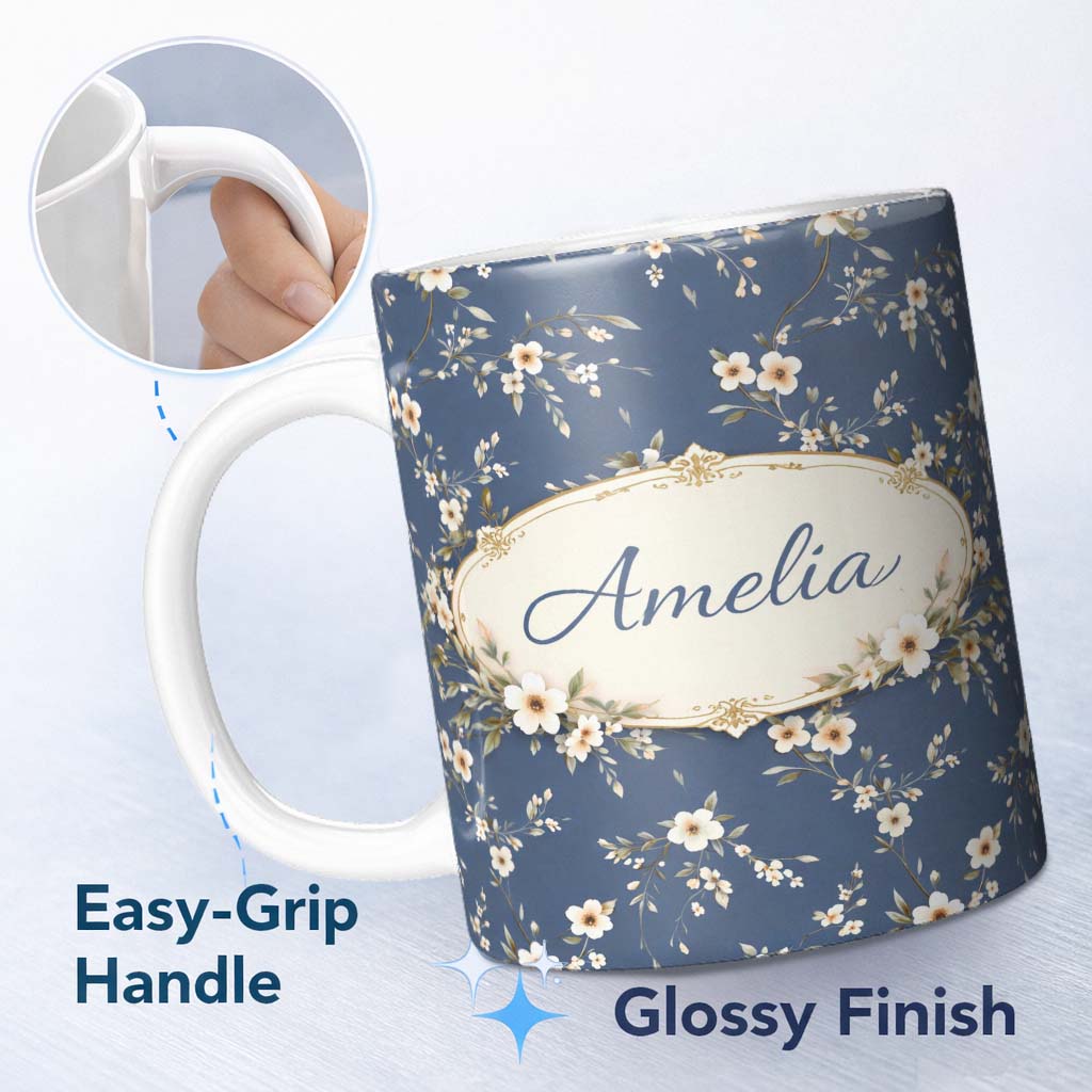 Personalized Custom Name Elegant Navy Floral Vine Delicate Botanical Charming Kitchen Decor 11oz Ceramic Coffee Tea Mug White Large Handle