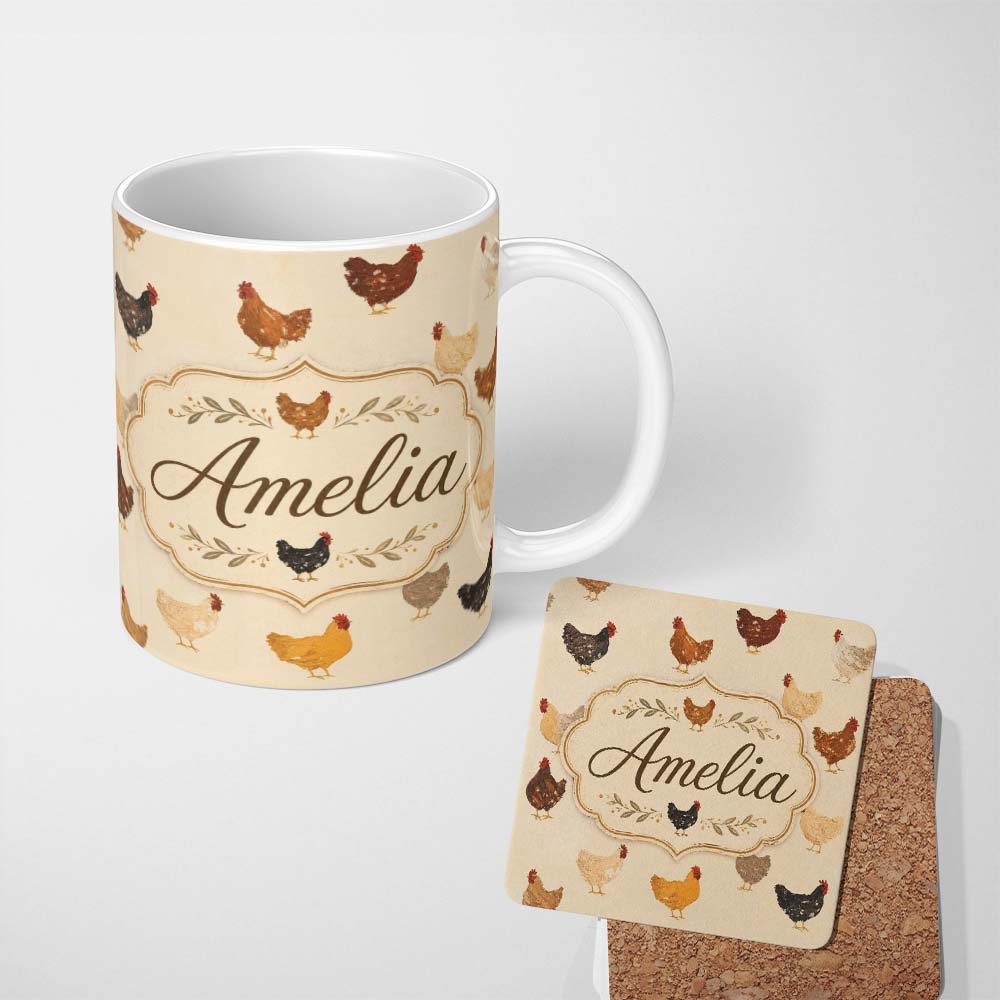 Personalized Custom Name Vintage Farm Chicken Hen Illustration Soft Neutral Background Lovely 11oz Ceramic Coffee Tea Mug White Large Handle
