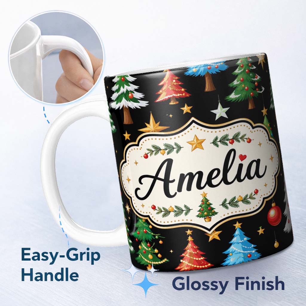 Personalized Custom Name Christmas Trees with Ornaments Stars and Baubles on Black Seamless 11oz Ceramic Coffee Tea Mug White Large Handle