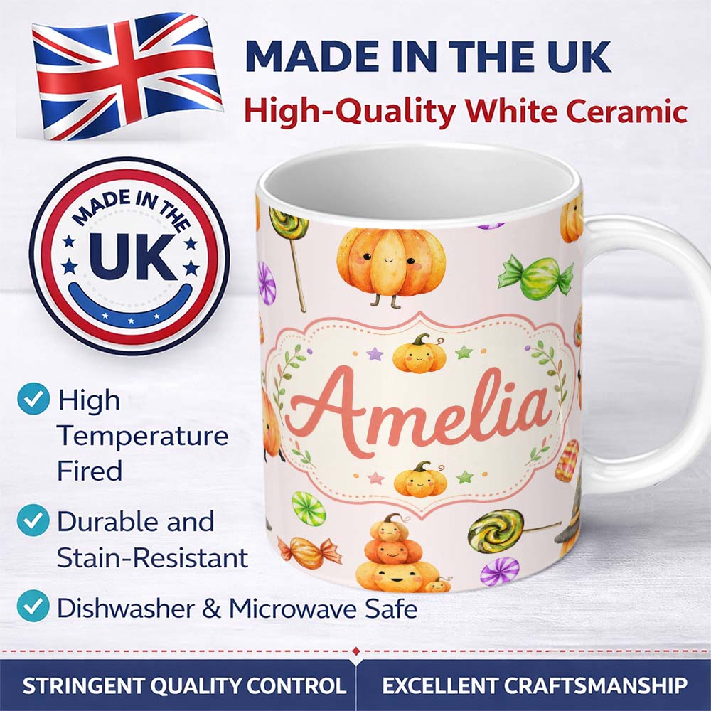 Personalized Custom Name Cute Halloween Pumpkin Candy Characters Pastel Background Seamless 11oz Ceramic Coffee Tea Mug White Large Handle