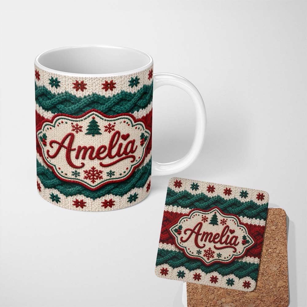 Personalized Custom Name Cute Festive Knitted Texture Red Green White Cozy Seamless Pattern 11oz Ceramic Coffee Tea Mug White Large Handle
