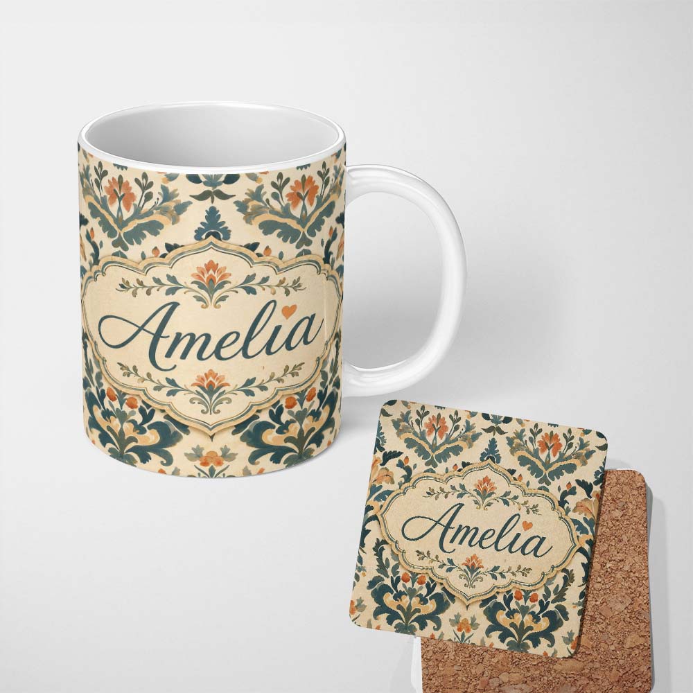Personalized Custom Name Classic Ornamental Damask Floral Symmetry Seamless Pattern Lovely 11oz Ceramic Coffee Tea Mug White Large Handle