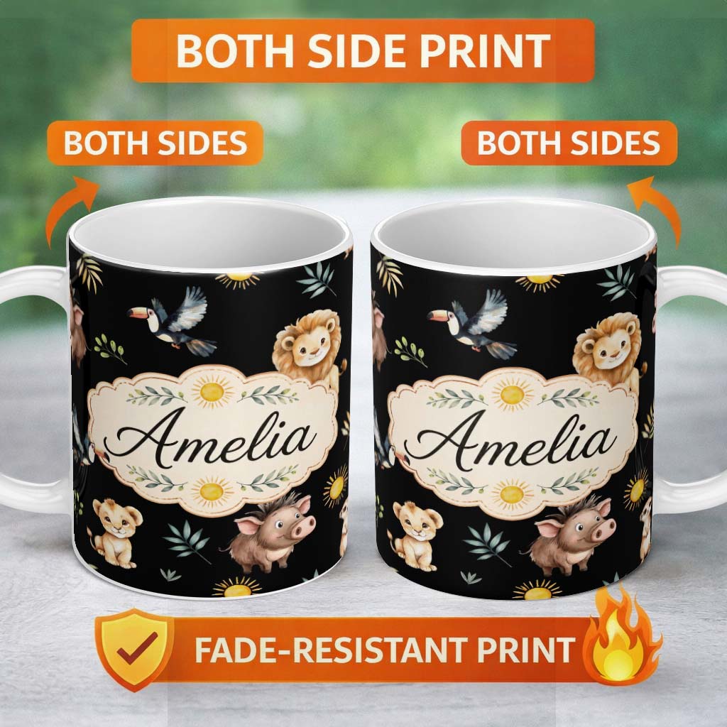 Personalized Custom Name Cute Safari Animals Lion Meerkat Toucan Black Seamless Pattern 11oz Ceramic Coffee Tea Mug White Large Handle