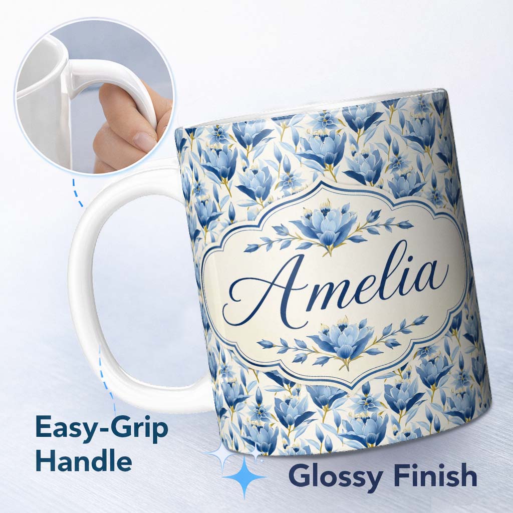 Personalized Custom Name Blue Floral Botanical Elegant Seamless Pattern Perfect Gift for Her 11oz Ceramic Coffee Tea Mug White Large Handle