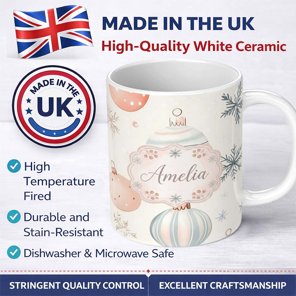 Personalized Custom Name Pastel Christmas Baubles Snowflakes Elegant Seamless Pattern Lovely 11oz Ceramic Coffee Tea Mug White Large Handle