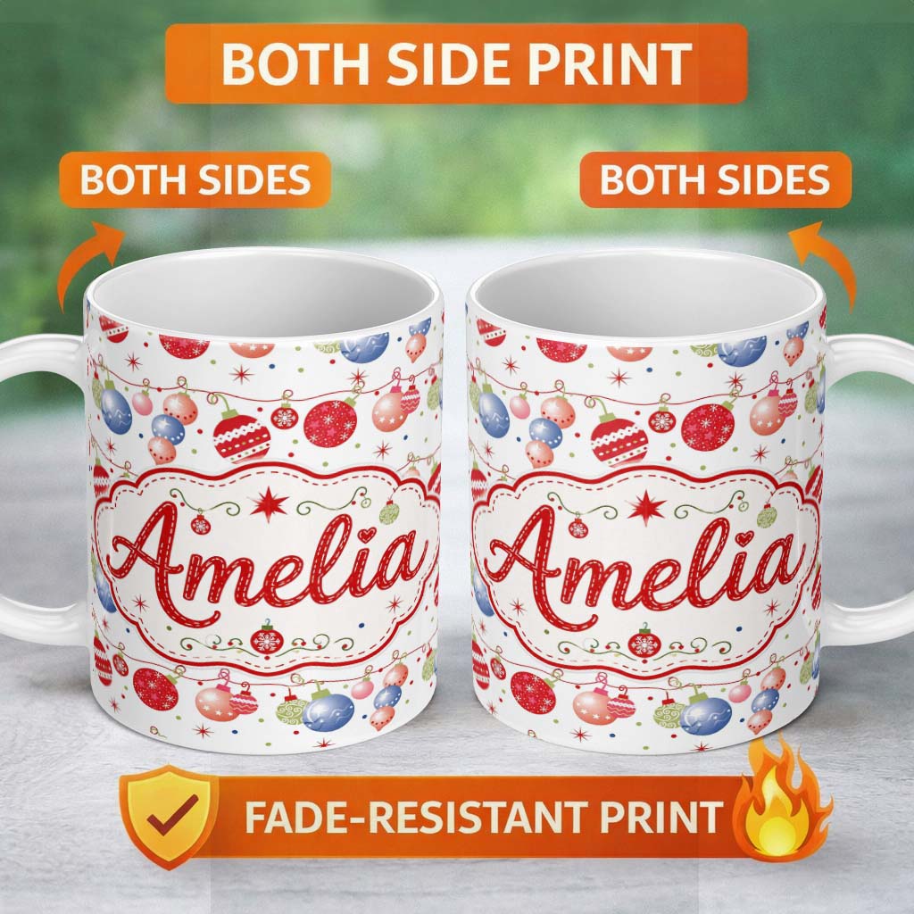 Personalized Custom Name Colorful Christmas Baubles Garland Ornament Seamless Pattern Lovely 11oz Ceramic Coffee Tea Mug White Large Handle