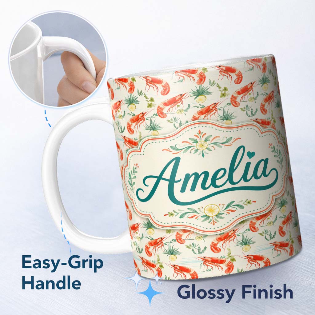 Personalized Custom Name Cute Fresh Seafood Shrimp with Herbs and Citrus Seamless Pattern 11oz Ceramic Coffee Tea Mug White Large Handle