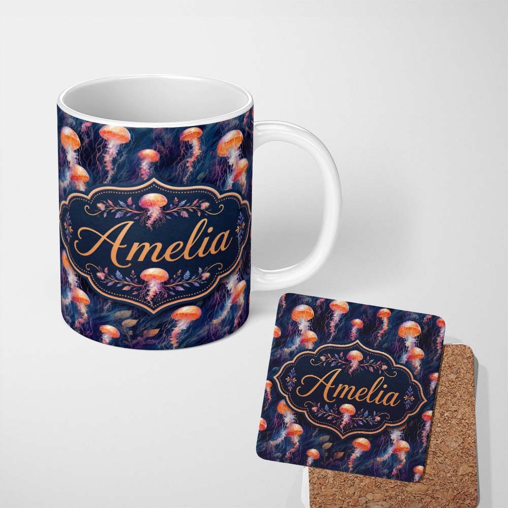 Personalized Custom Name Orange Jellyfish Underwater Ocean on Dark Blue Background Lovely 11oz Ceramic Coffee Tea Mug White Large Handle