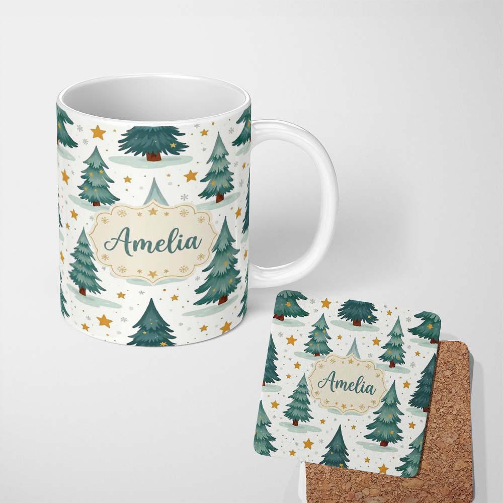 Personalized Custom Name Winter Snowy Christmas Trees with Golden Stars Seamless Pattern 11oz Ceramic Coffee Tea Mug White Large Handle