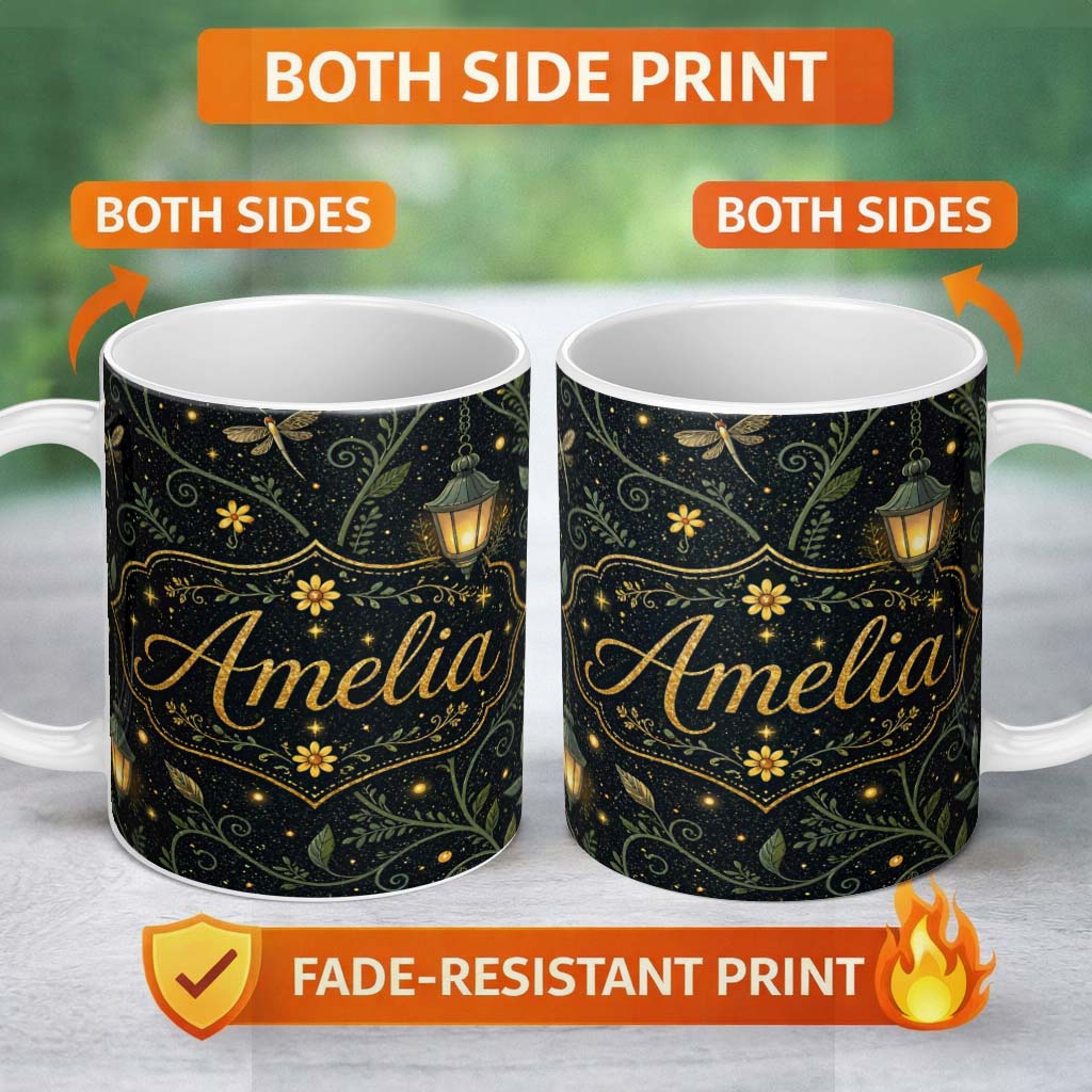 Personalized Custom Name Celestial Lantern Botanical Firefly Night Seamless Pattern Lovely 11oz Ceramic Coffee Tea Mug White Large Handle