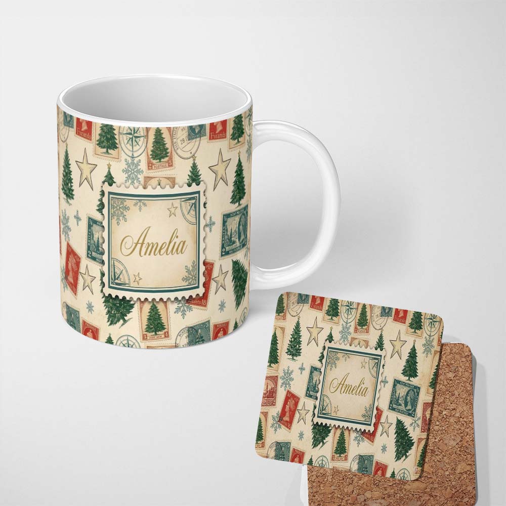Personalized Custom Name Vintage Christmas Postcards Stamps and Winter Scenes Seamless Lovely 11oz Ceramic Coffee Tea Mug White Large Handle
