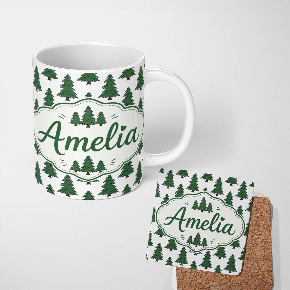 Personalized Custom Name Simple Hand Drawn Green Christmas Trees Minimal Seamless Pattern 11oz Ceramic Coffee Tea Mug White Large Handle