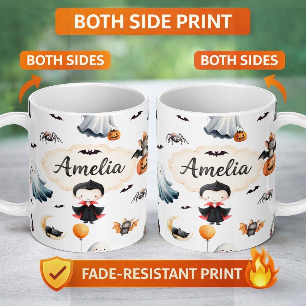 Personalized Custom Name Cute Halloween Dracula Ghost Bats on Light Grey Background Seamless 11oz Ceramic Coffee Tea Mug White Large Handle