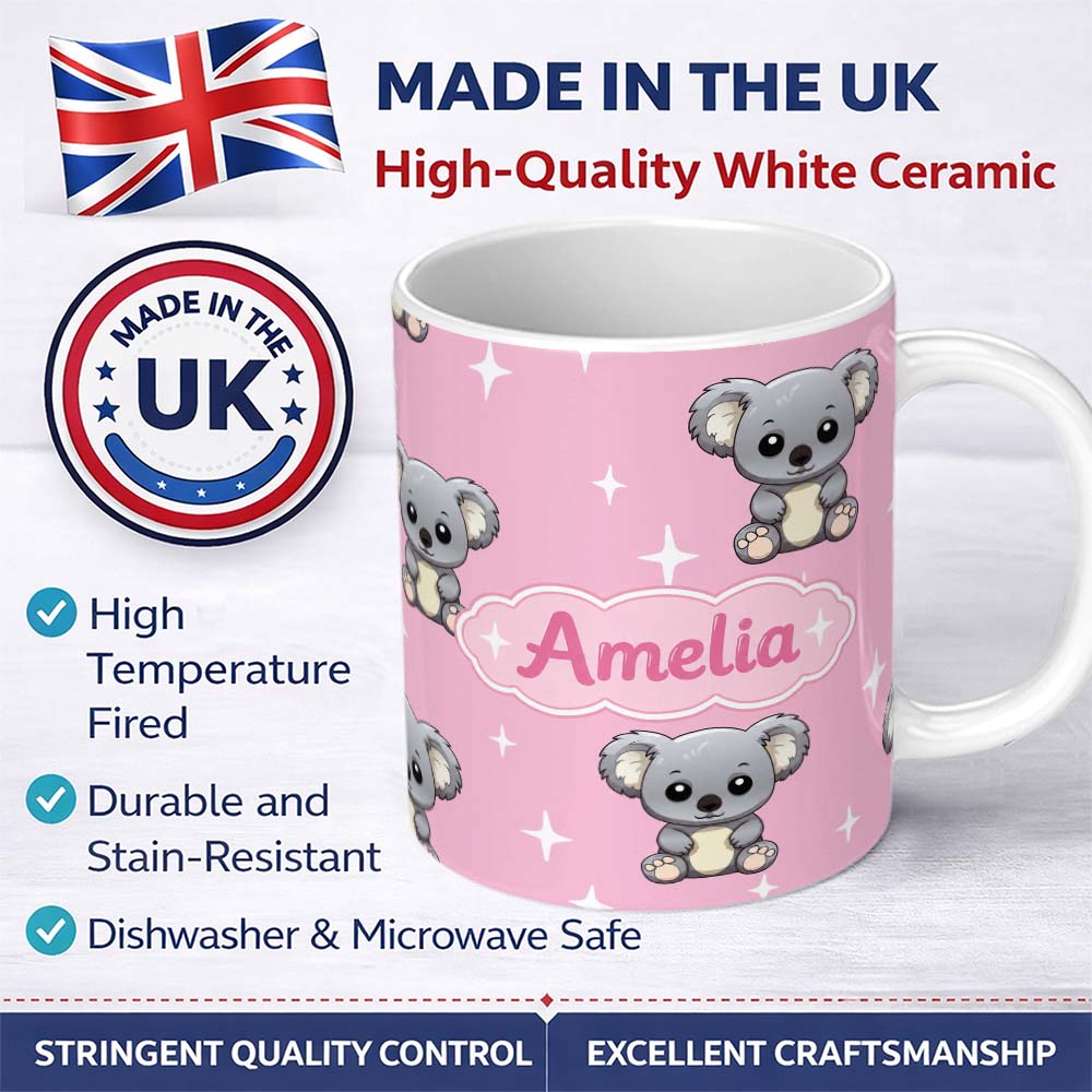 Personalized Custom Name Cute Cartoon Koala Bears with White Stars on Rose Pink Background 11oz Ceramic Coffee Tea Mug White Large Handle