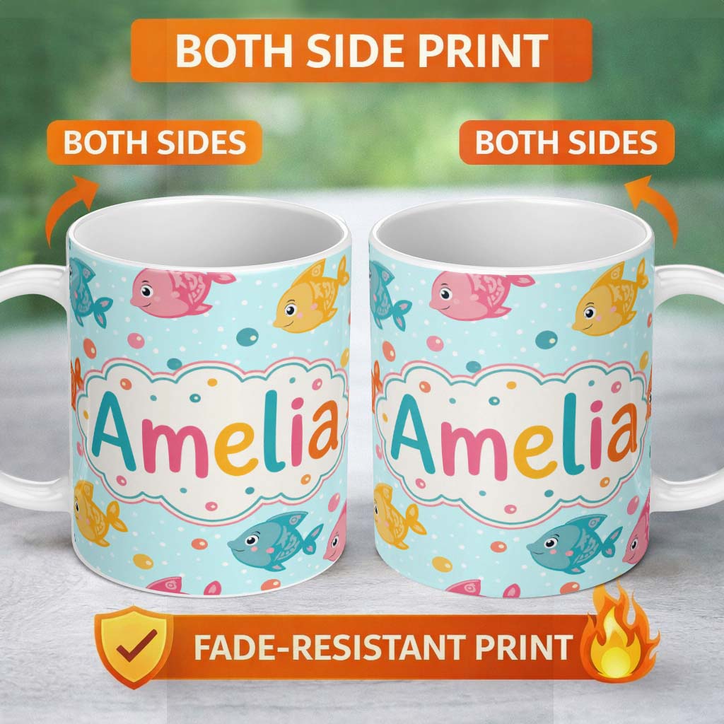 Personalized Custom Name Cute Colorful Fish Ocean Bubbles Underwater Seamless Pattern Lovely 11oz Ceramic Coffee Tea Mug White Large Handle